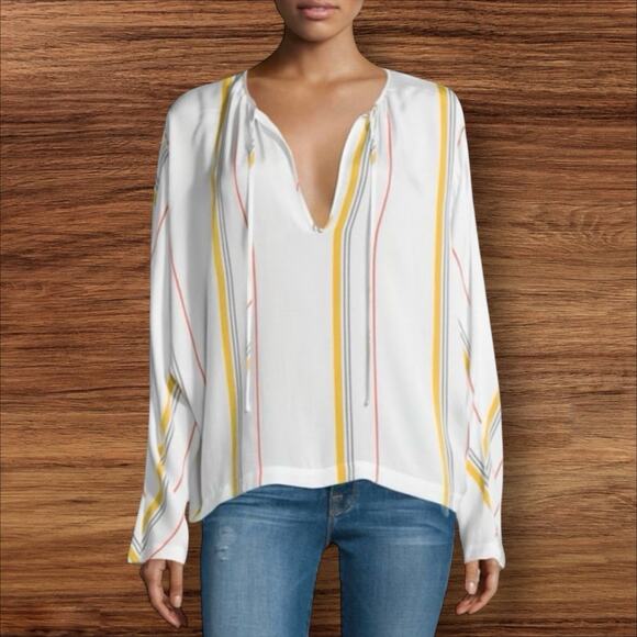 Frame Saffron Summer Stripe Top Blouse Size M Silk Blend Tie Neck Minimalist - Picture 2 of 11